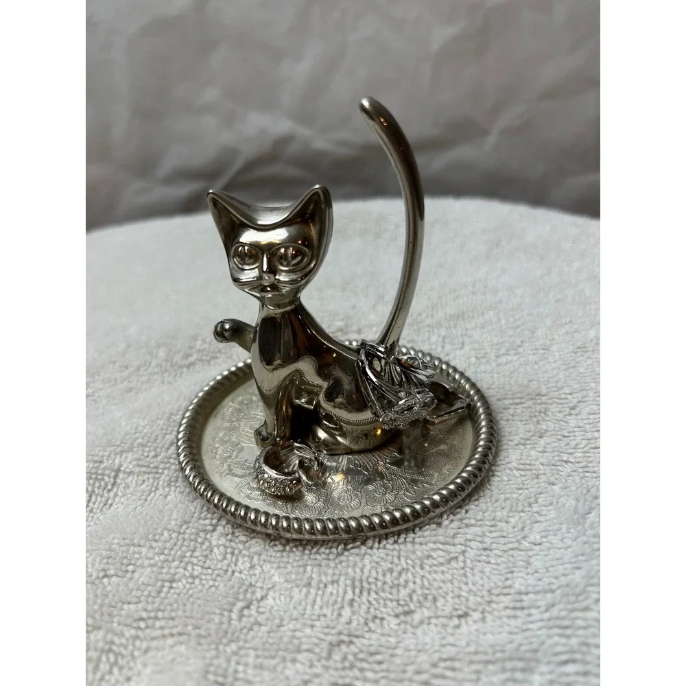 Cat Ring Holder Silver Trinket Dish Jewelry Tray Kitty Kitten Decor